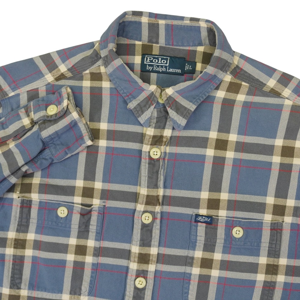 Polo Ralph Lauren Button Up Work Shirt Men L Blue Plaid Long Sleeve Pocket